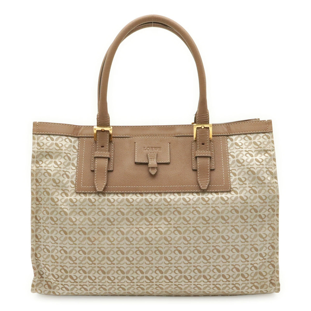 Loewe Anagram Tote Bag Shoulder Leather Jacquard Canvas Pink Beige Cream